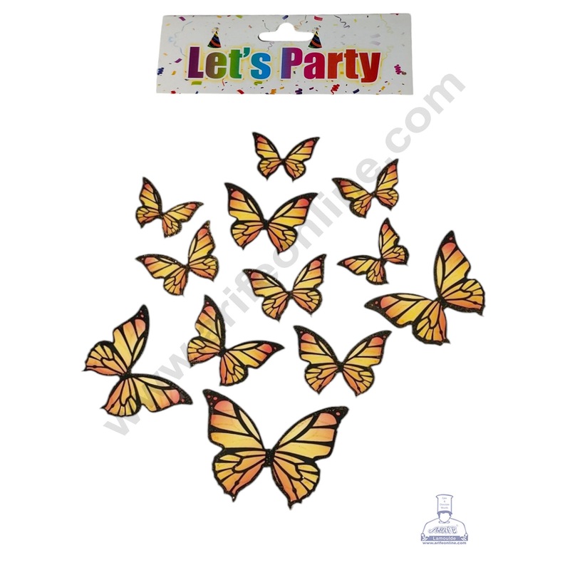 CAKE DECOR 10 Pcs Let's Party Yellow Orange Shade With Black Outlines Glitter Butterfly Paper Topper For Cake And Cupcake