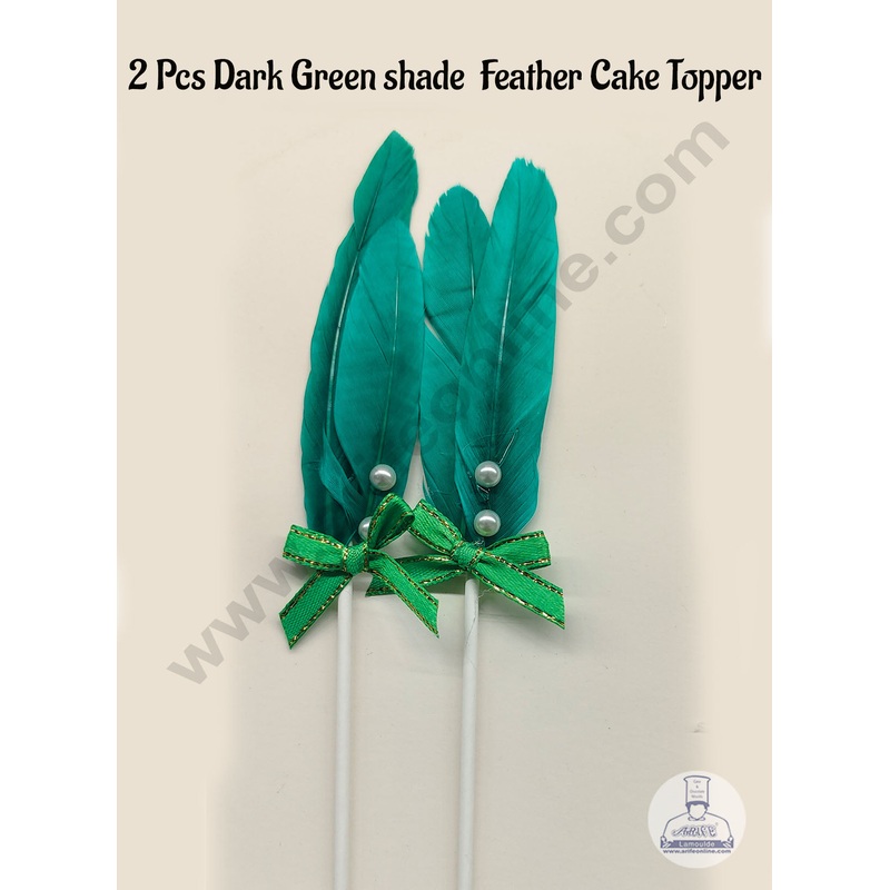CAKE DECOR 2 Pcs Dark Green Shade Feather Topper For Cake Decoration
