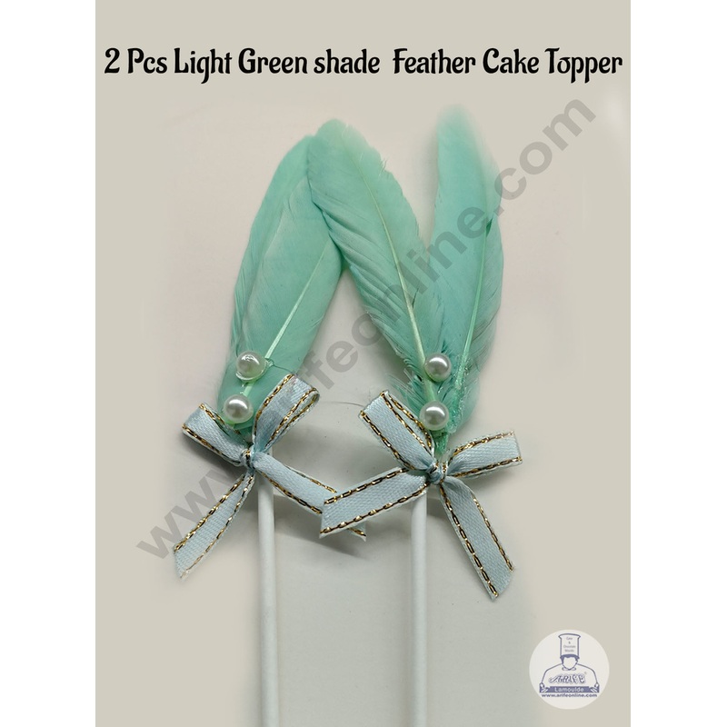 CAKE DECOR 2 Pcs Light Green Shade Feather Topper For Cake Decoration