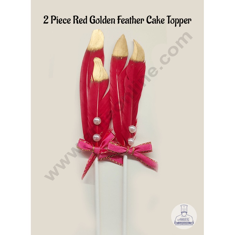 CAKE DECOR 2 Pcs Red Golden Feather Topper For Cake Decoration