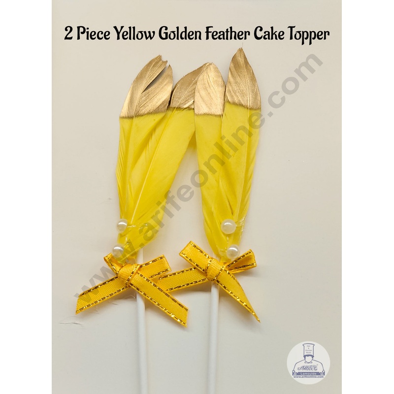 CAKE DECOR 2 Pcs Yellow Golden Feather Topper For Cake Decoration