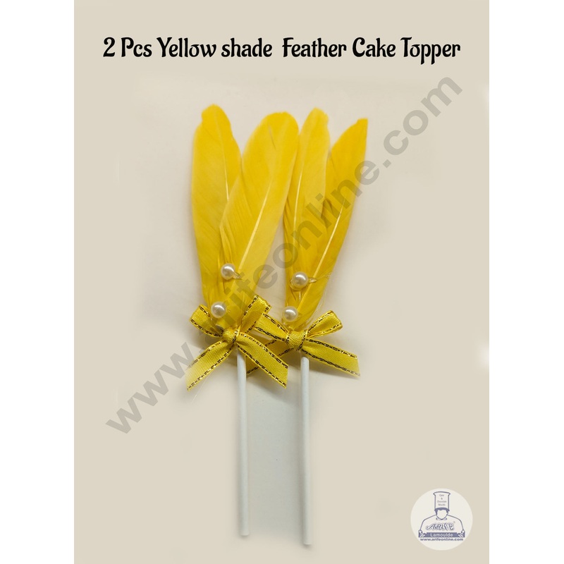 CAKE DECOR 2 Pcs Yellow Shade Feather Topper For Cake Decoration
