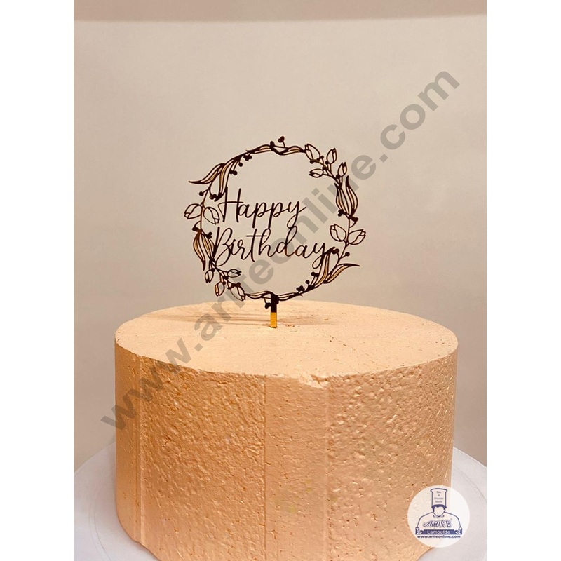 CAKE DECOR 5 inch Acrylic Happy Birthday in Flower With Leaf Cutout in Round Frame Cake Topper Cake Decoration (SBMT-1214)