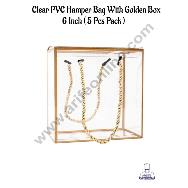CAKE DECOR 6 Inch Clear PVC Hamper Bag with Golden Border | Gift Box | Gift Bag with Handle (5 Pcs Pack)