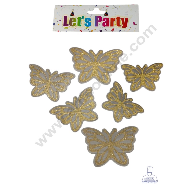 CAKE DECOR 6 Pcs Let's Party Grey Gold Glittery Butterfly Paper Topper For Cake And Cupcake