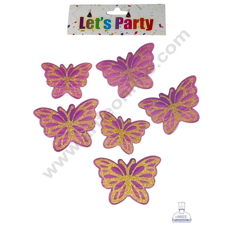 CAKE DECOR 6 Pcs Let's Party Purple Gold Glittery Butterfly Paper Topper For Cake And Cupcake
