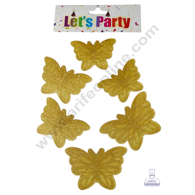 CAKE DECOR 6 Pcs Let's Party Yellow Golden Glittery Butterfly Paper Topper For Cake And Cupcake