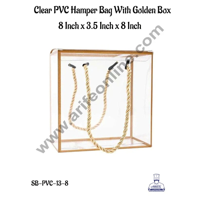 CAKE DECOR Big Clear PVC Hamper Bag with Golden Border - 8 X 3.5 X 8 Inch| Gift Box | Gift Bag with Handle (5 Pcs Pack)