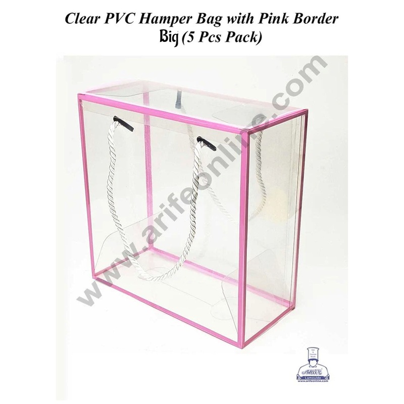 CAKE DECOR Big Clear PVC Hamper Bag with Pink Border | Gift Box | Gift Bag with Handle (5 Pcs Pack)