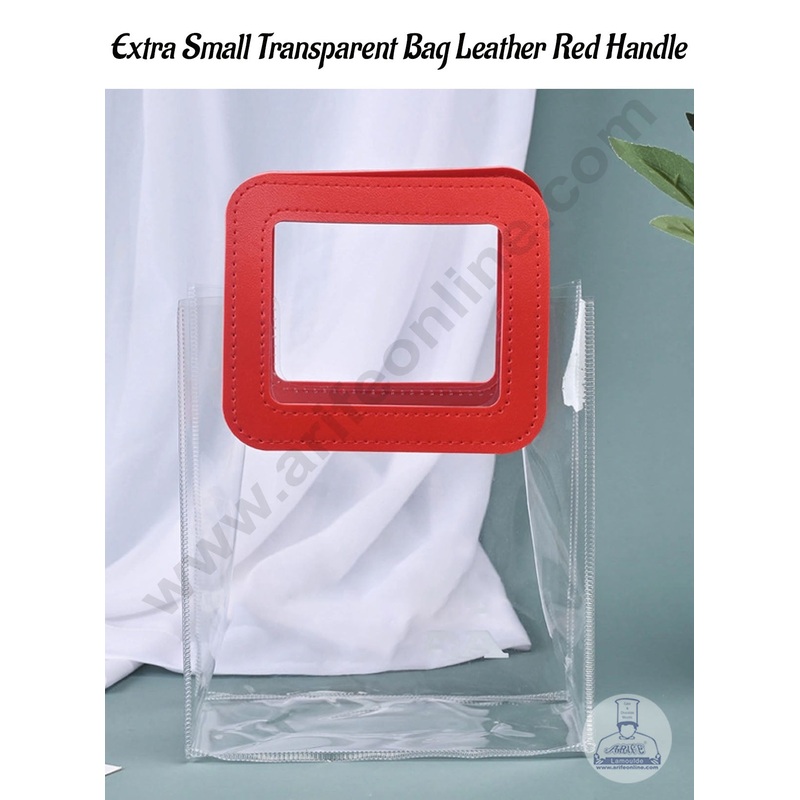 CAKE DECOR Extra Small PVC Transparent Bag with PU Leather Red Handle  | Gift Box | Gift Bag with Handle