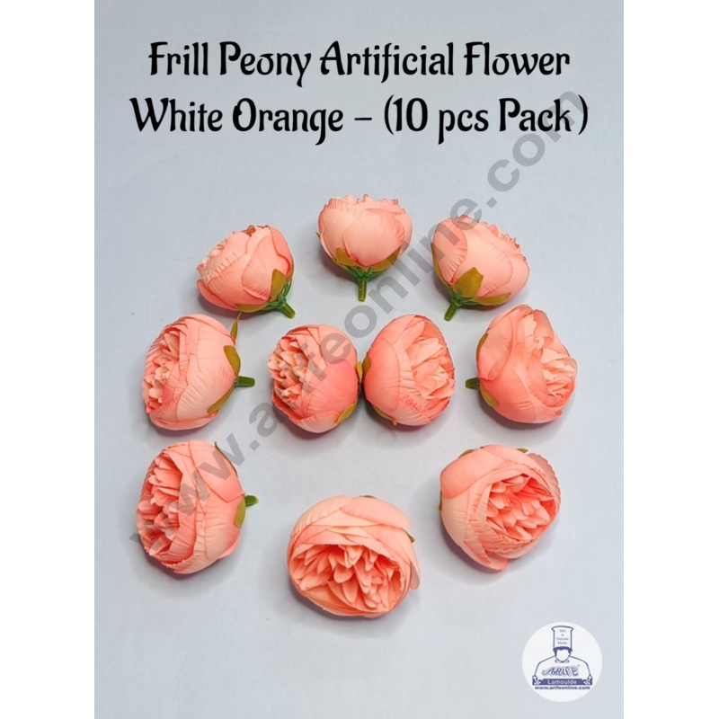 Cake Decor  Frill Peony Artificial Flower For Cake Decoration  Orange White  ( 10 pc pack )