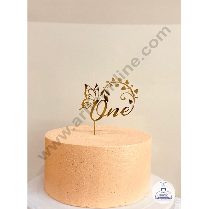 CAKE DECOR Golden Acrylic Cake Topper - One Number with  Butterfly And Leaf Cutout Cake Topper ( SBMT-1216)