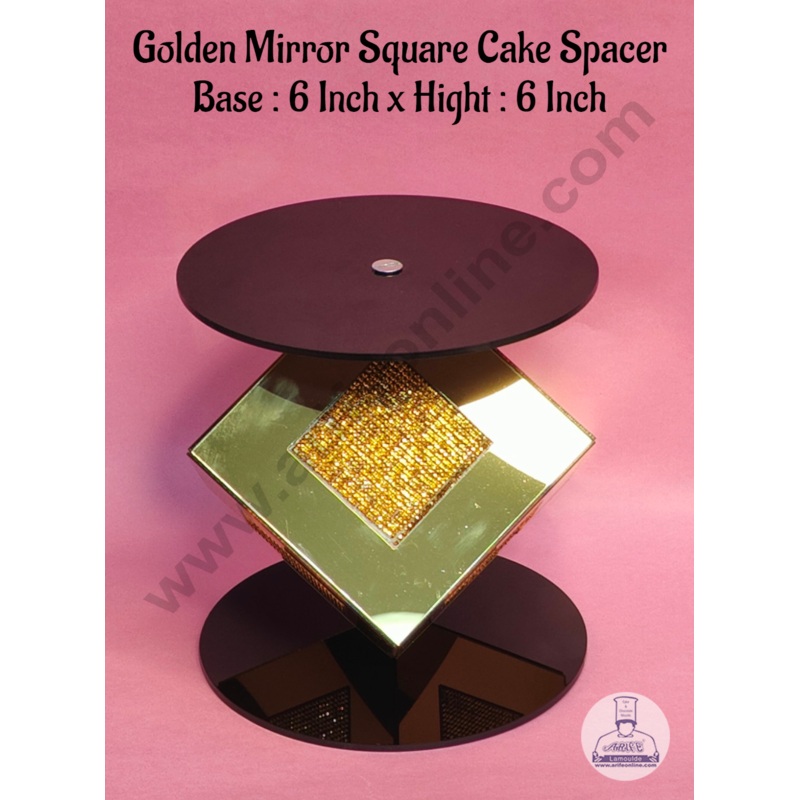CAKE DECOR Golden Mirror Square Cake Spacer with Diamond Design For Cake Decoration - Base 6 inch X Height 6 inch
