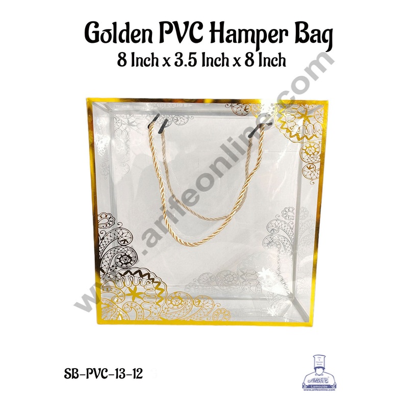 CAKE DECOR Golden Pattern PVC Hamper Bag - 8 X 3.5 X 8 Inch | Gift Box | Gift Bag with Handle (5 Pcs Pack)