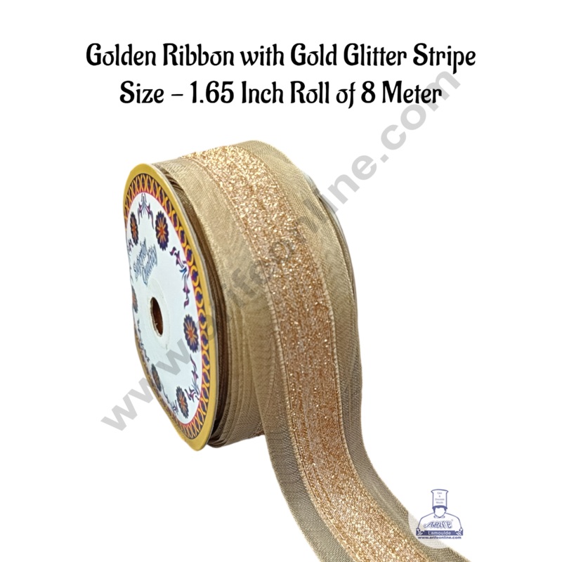 CAKE DECOR Golden Ribbon with Gold Glitter Stripe 1.65 Inch (8 Meter) | Sheer Ribbon | Gift Wrapping | Decoration