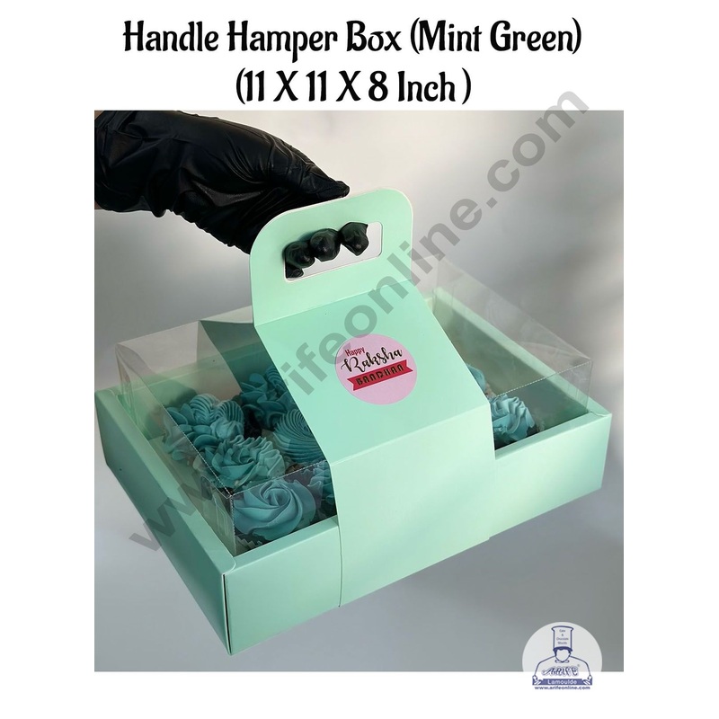 CAKE DECOR Handle Hamper Box With Transparent Lid ( Mint Green )  | Gift Box | Gift Bag With Handle (1 Pc Pack)
