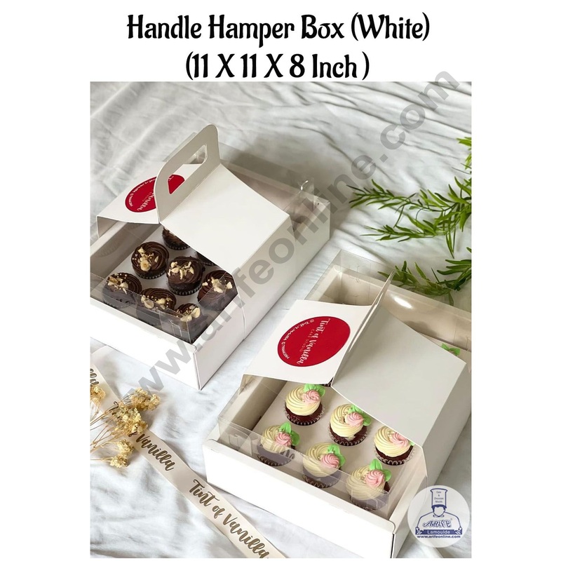 CAKE DECOR Handle Hamper Box With Transparent Lid (White)  | Gift Box | Gift Bag With Handle (1 Pc Pack)