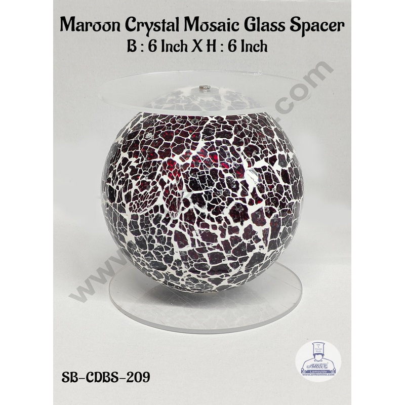 CAKE DECOR Maroon Crystal Glass Mosaic Disco Ball Cake Spacer For Cake and Cupcake Decoration - 6 X 6 Inch