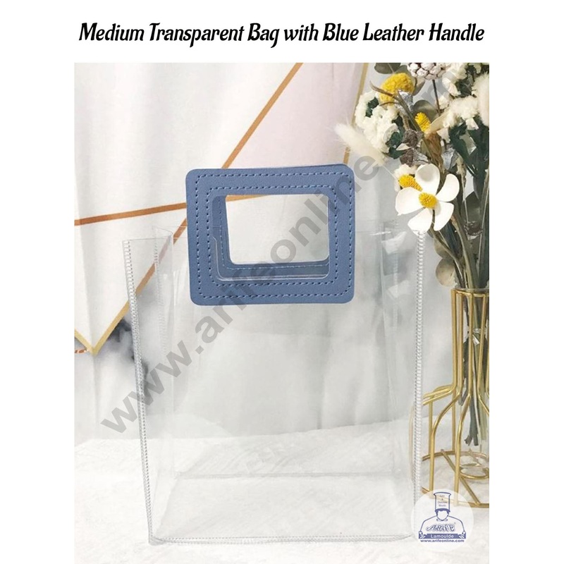 CAKE DECOR Medium Transparent Bag with Leather Blue Handle | Gift Box | Gift Bag with Handle