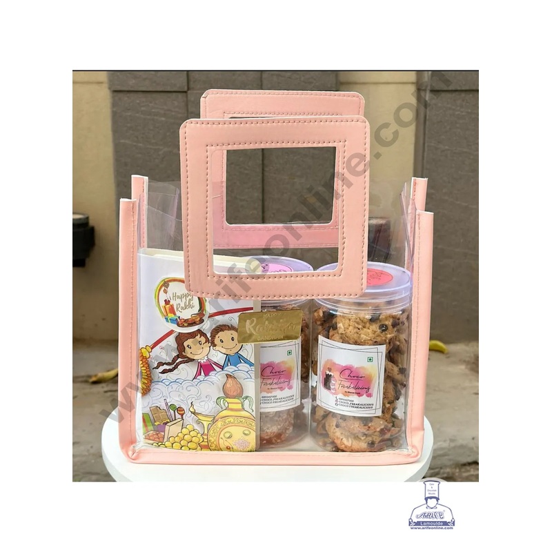 CAKE DECOR Pink Transparent Square Handle Bag with Border - 1 Piece | Carry bag | Gift Bag with Handle