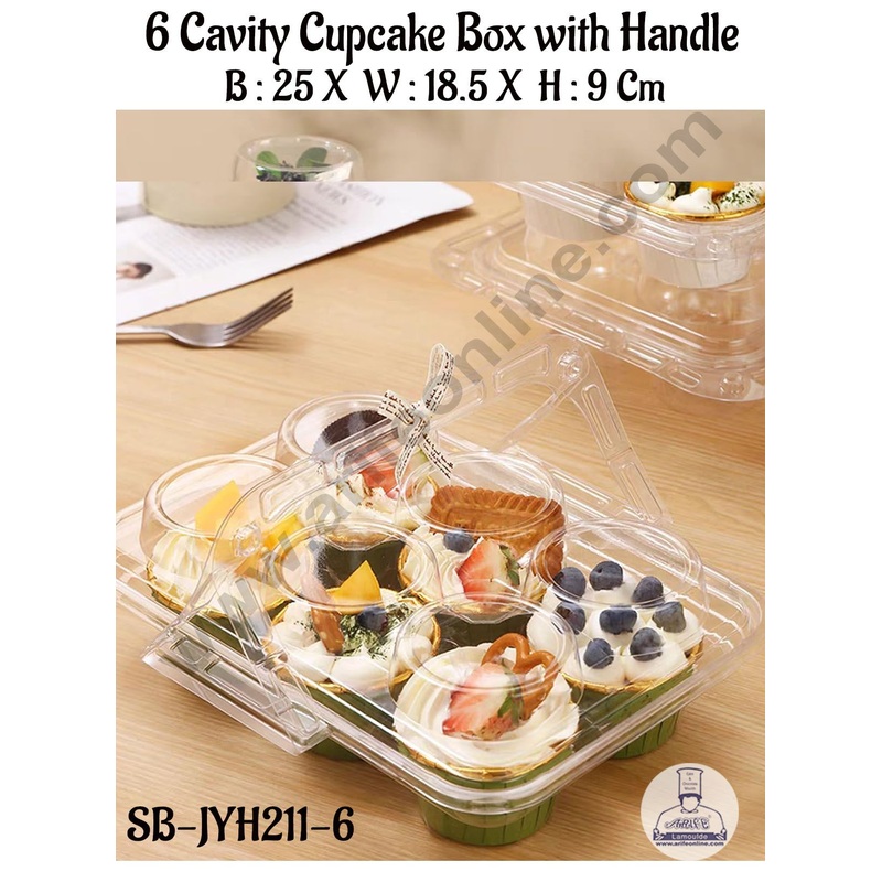 CAKE DECOR PVC 6 Cavity Cupcake Box with Handle | Muffin Box | Mini Dessert Package - (5 Pcs Pack)
