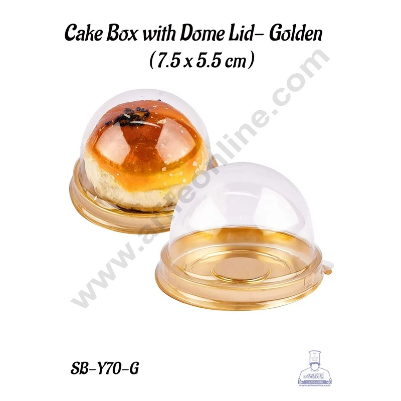 CAKE DECOR PVC Round Dome Pastry Box with Golden Base | Moon Cake Box | Dessert Package - (5 Pcs Pack)