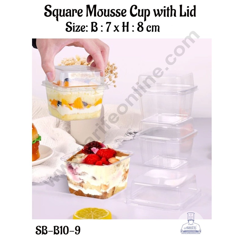 CAKE DECOR PVC Square Mousse Cup with Clear Lid | Cube Box | Dessert Package - (10 Pcs Pack)