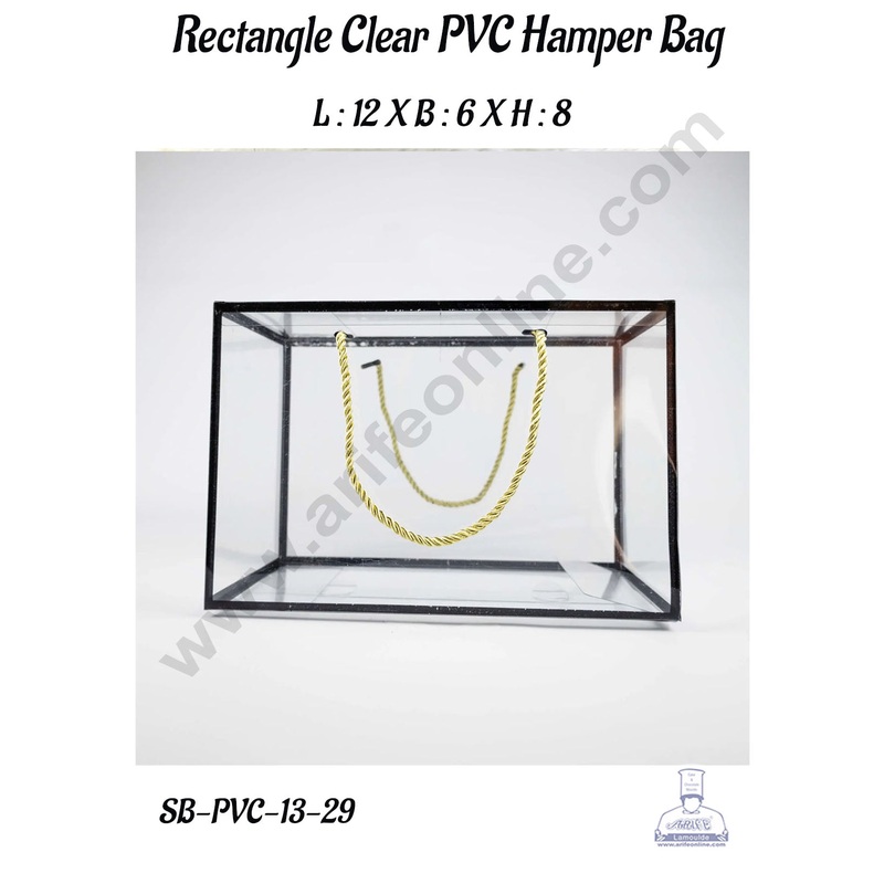 CAKE DECOR Rectangle Clear PVC Hamper Bag with Black Border - 12 X 6 X 8 Inch | Gift Box | Gift Bag with Handle (5 Pcs Pack)