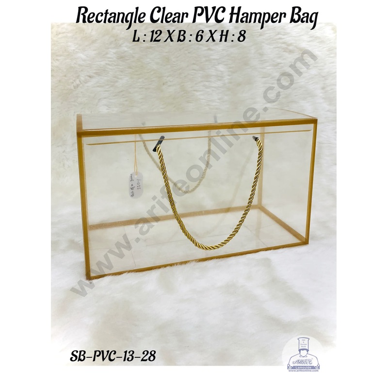 CAKE DECOR Rectangle Clear PVC Hamper Bag with Golden Border - 12 X 6X 8 Inch | Gift Box | Gift Bag with Handle (5 Pcs Pack)