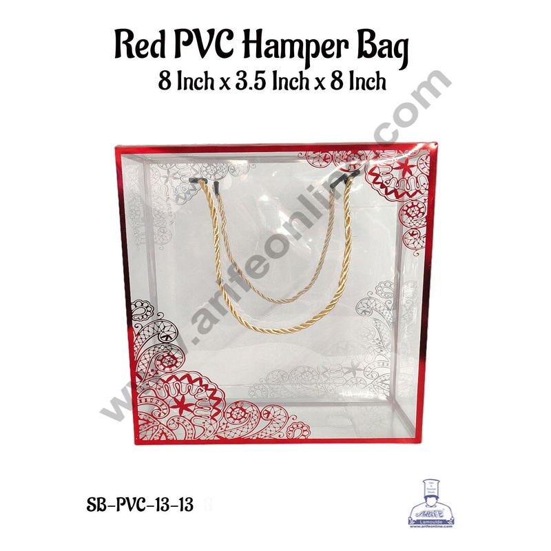 CAKE DECOR Red Pattern PVC Hamper Bag - 8 X 3.5 X 8 Inch | Gift Box | Gift Bag with Handle (5 Pcs Pack)