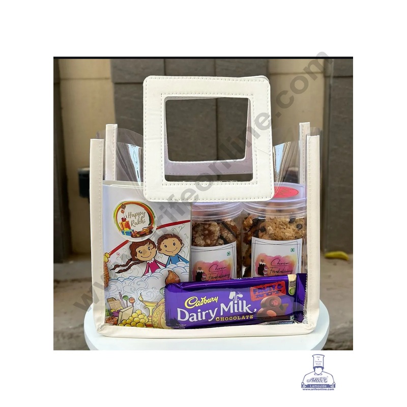 CAKE DECOR White Square Handle Transparent Bag with Border - 1 Piece | Carry bag | Gift Bag with Handle