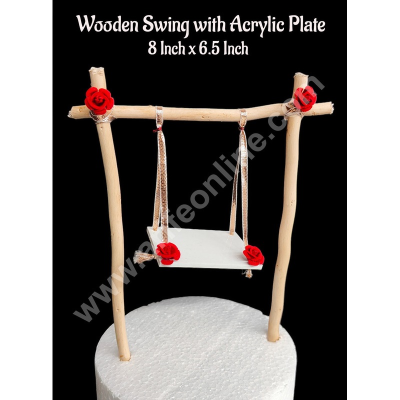 CAKE DECOR Wooden Swing With Acrylic Plate Topper- 8 Inch / Jhula Cake Topper Cake Decoration| Dessert Decoration (1 Piece)