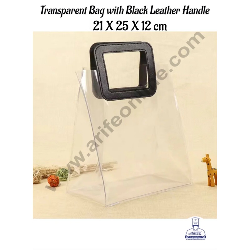 CAKE DECOR 1 Piece Transparent Bag with Black Leather Handle (21 X 25 X 12 cm) | Gift Box | Gift Bag with Handle