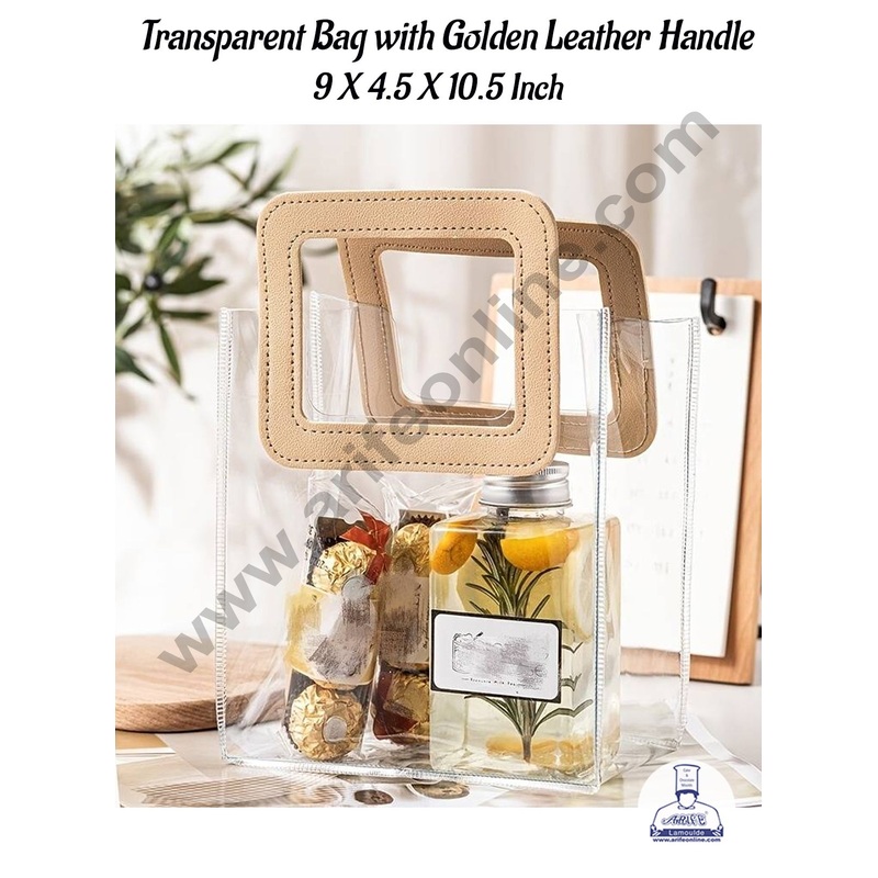 CAKE DECOR 1 Piece Transparent Bag with Golden Leather Handle (9 X 4.5 X 10.5 Inch) | Gift Box | Gift Bag with Handle