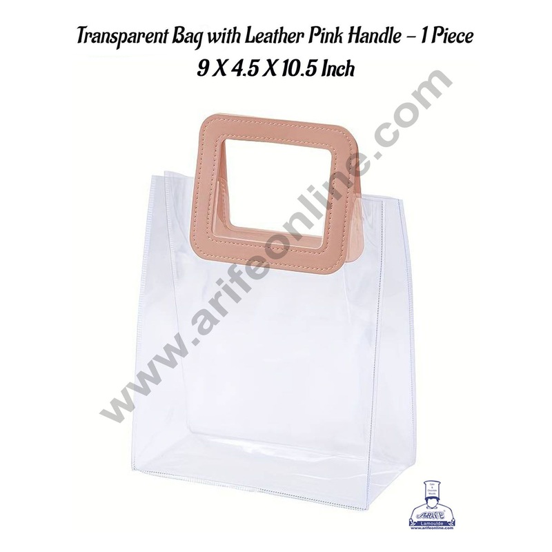 CAKE DECOR 1 Piece Transparent Bag with Pink Leather Handle (9 X 4.5 X 10.5 Inch) | Gift Box | Gift Bag with Handle