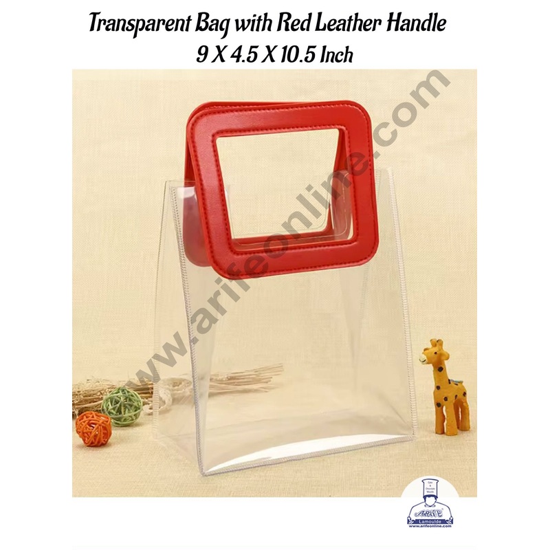 CAKE DECOR 1 Piece Transparent Bag with Red Leather Handle (9 X 4.5 X 10.5 Inch) | Gift Box | Gift Bag with Handle