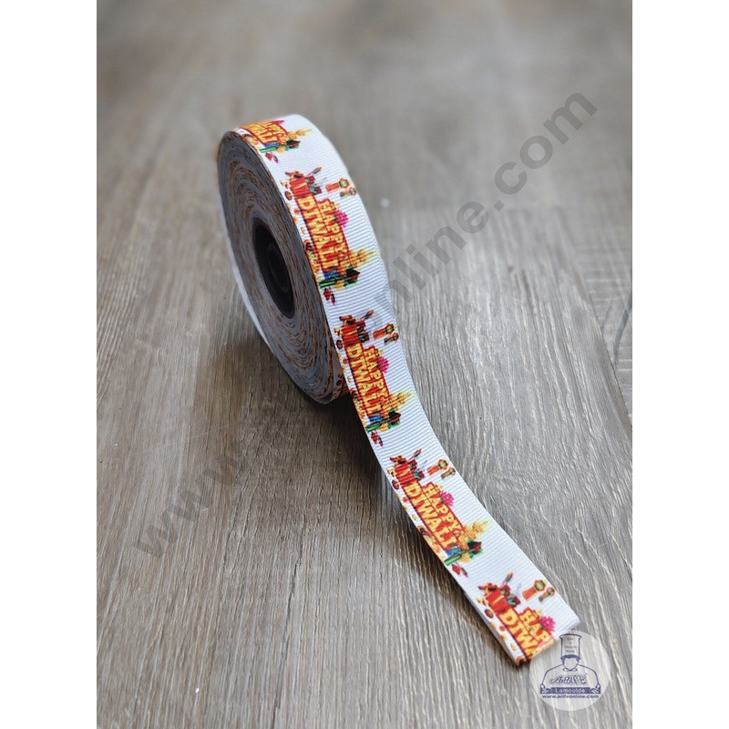 CAKE DECOR 1 Roll White Happy Diwali Ribbon | Gift Wrapping | Hamper Decoration (SBR-PR-026)