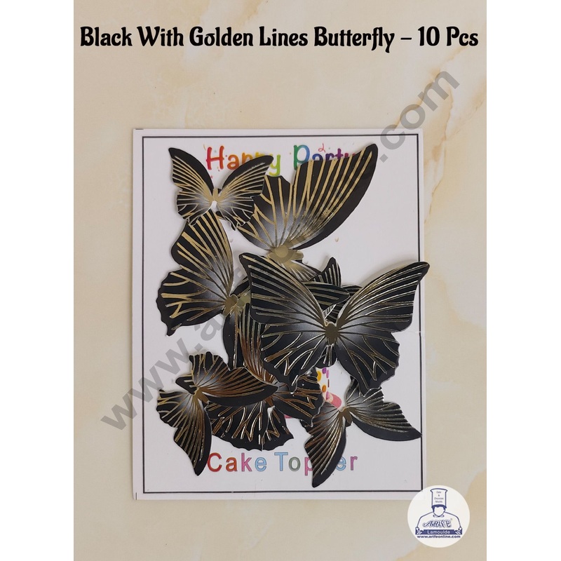 CAKE DECOR 10 Pcs Black Butterfly With Golden Lines  Paper Topper For Cake And Cupcake