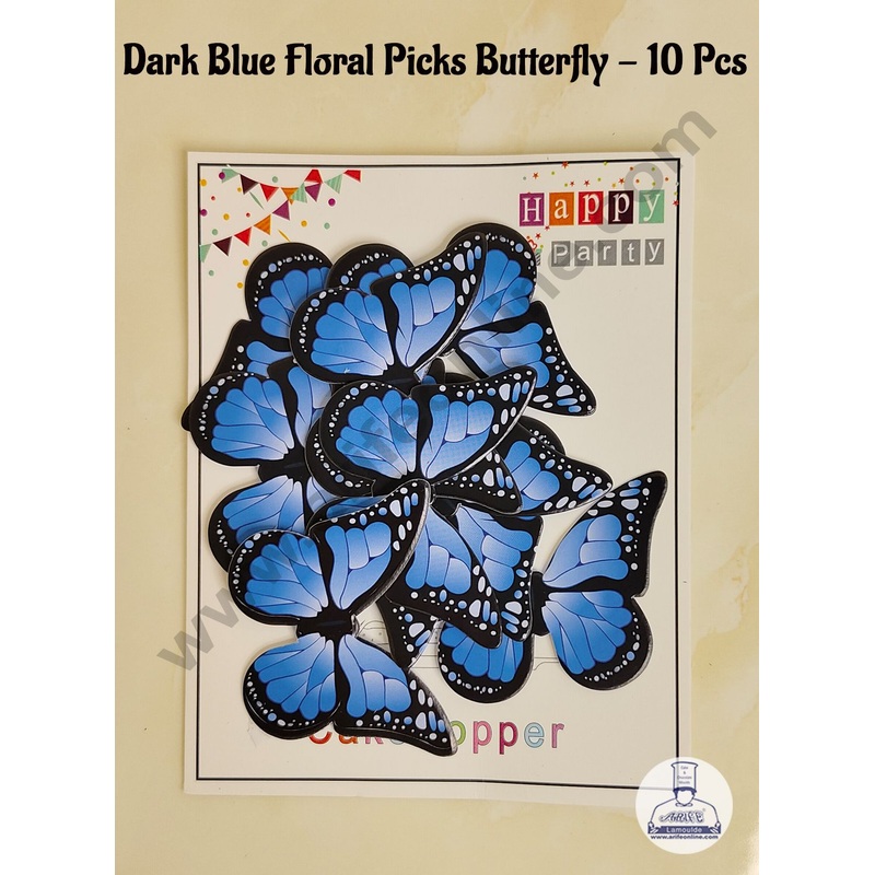 CAKE DECOR 10 Pcs Dark Blue Floral Picks Butterfly With Black Outlines  Paper Topper For Cake And Cupcake