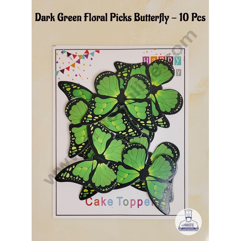 CAKE DECOR 10 Pcs Dark Green Floral Picks Butterfly With Black Outlines  Paper Topper For Cake And Cupcake