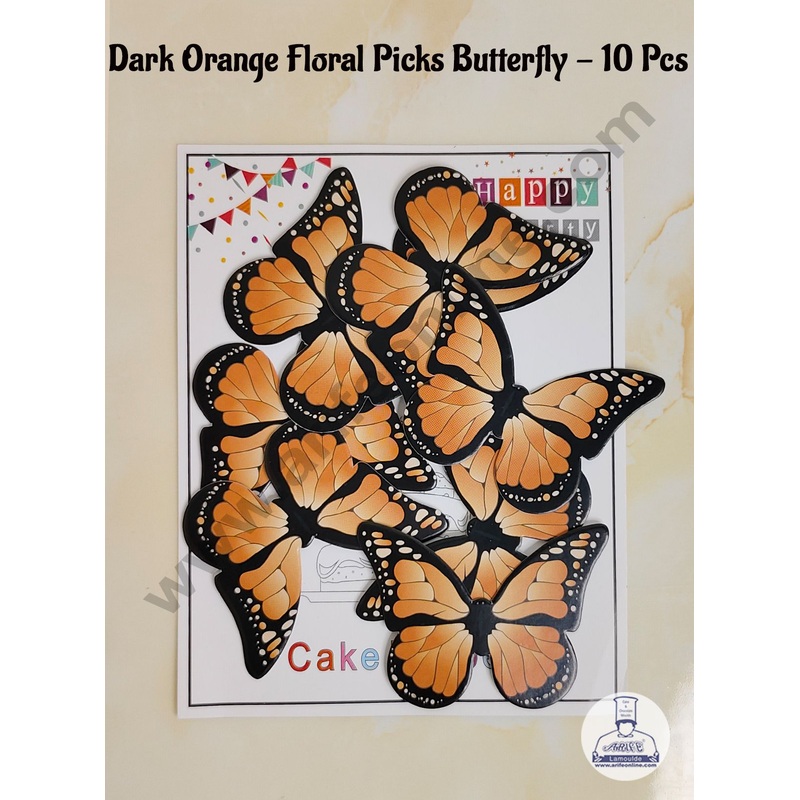 CAKE DECOR 10 Pcs Dark Orange Floral Picks Butterfly With Black Outlines  Paper Topper For Cake And Cupcake