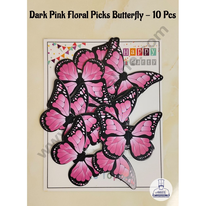 CAKE DECOR 10 Pcs Dark Pink Floral Picks Butterfly With Black Outlines  Paper Topper For Cake And Cupcake