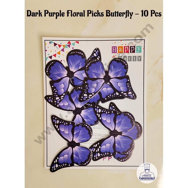 CAKE DECOR 10 Pcs Dark Purple Floral Picks Butterfly With Black Outlines  Paper Topper For Cake And Cupcake