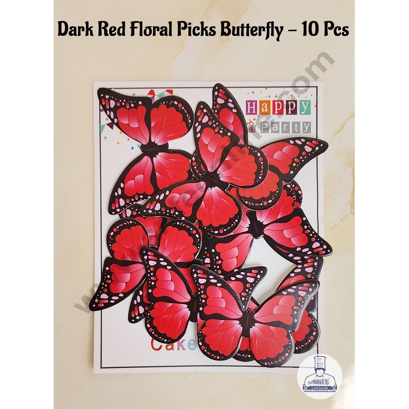 CAKE DECOR 10 Pcs Dark Red Floral Picks Butterfly With Black Outlines  Paper Topper For Cake And Cupcake