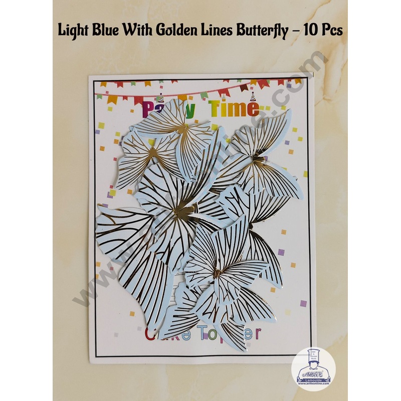 CAKE DECOR 10 Pcs Light Blue Butterfly With Golden Lines  Paper Topper For Cake And Cupcake