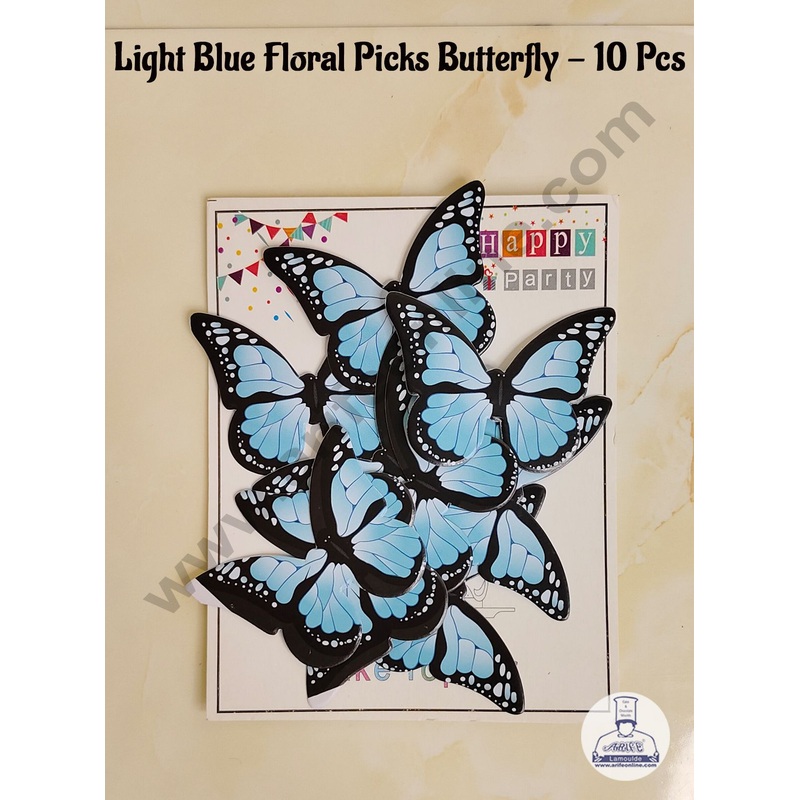 CAKE DECOR 10 Pcs Light Blue Floral Picks Butterfly With Black Outlines  Paper Topper For Cake And Cupcake