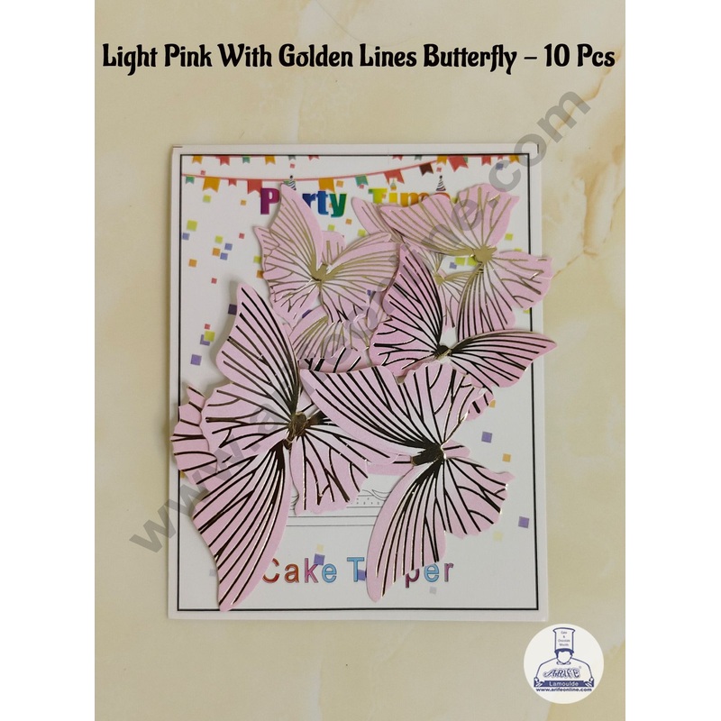 CAKE DECOR 10 Pcs Light Pink Butterfly With Golden Lines  Paper Topper For Cake And Cupcake