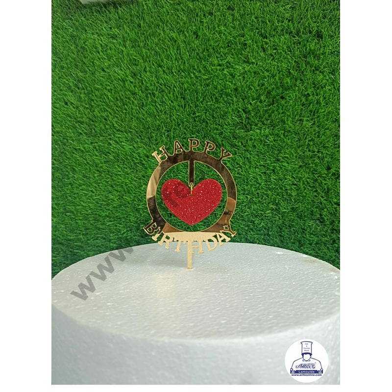 CAKE DECOR 5 inch Acrylic Happy Birthday Round Frame with Hanging Red Glitter Heart Cake Topper Cake Decoration Dessert Decoration (SBMT-G-4033)