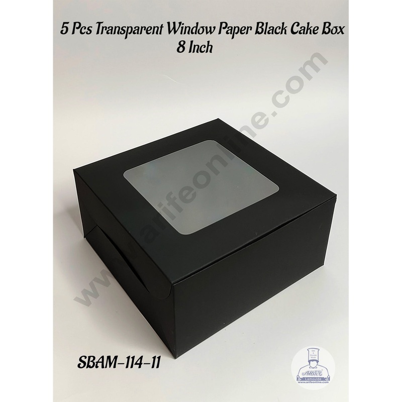 CAKE DECOR 5 Pcs Transparent Window High Quality Black Paper Cake Box - 8 Inch