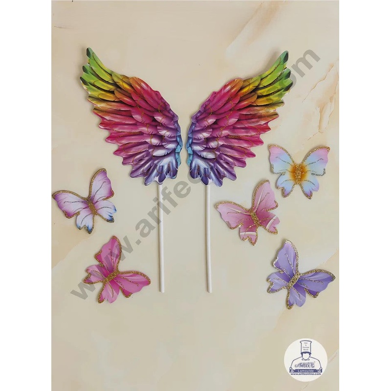 CAKE DECOR 6 pc Multi Wings Tag with Multi Colour Glitter Butterfly Paper Topper For Cake And Cupcake
